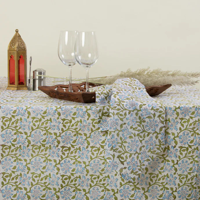 Green Floral Print Cotton 8 Seater Dining Table Cover